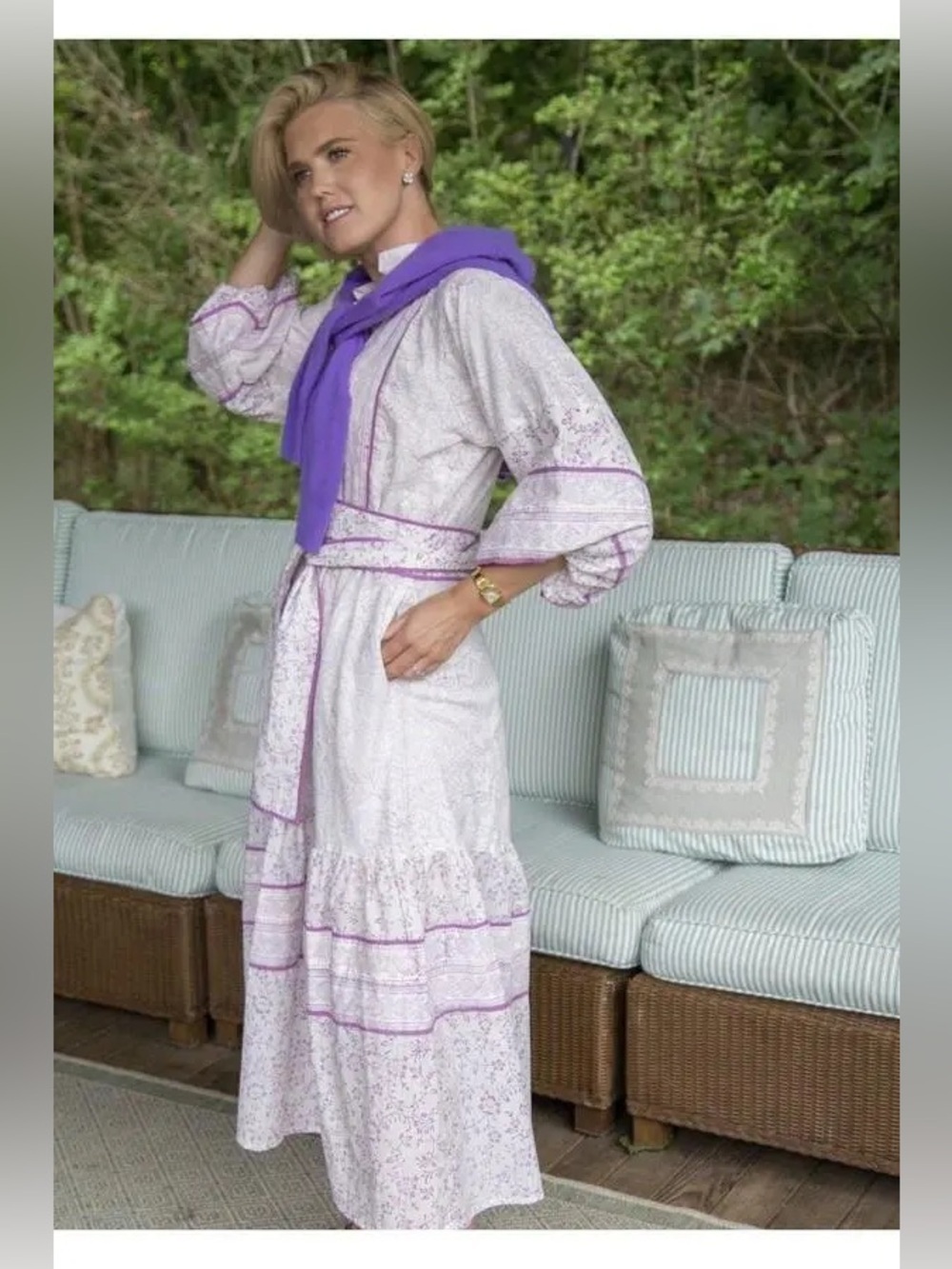 INDIA AMORY X SUE SARTOR Lilac Floral Belted Purple Flounce Dress One Size VGUC